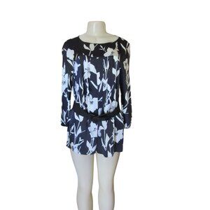 Lafayette 148 New York Silk Black & White Floral Tunic Blouse With Belt Size 8